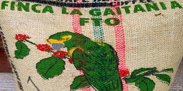 colombian coffee sack with FTO stamp and parrot logo