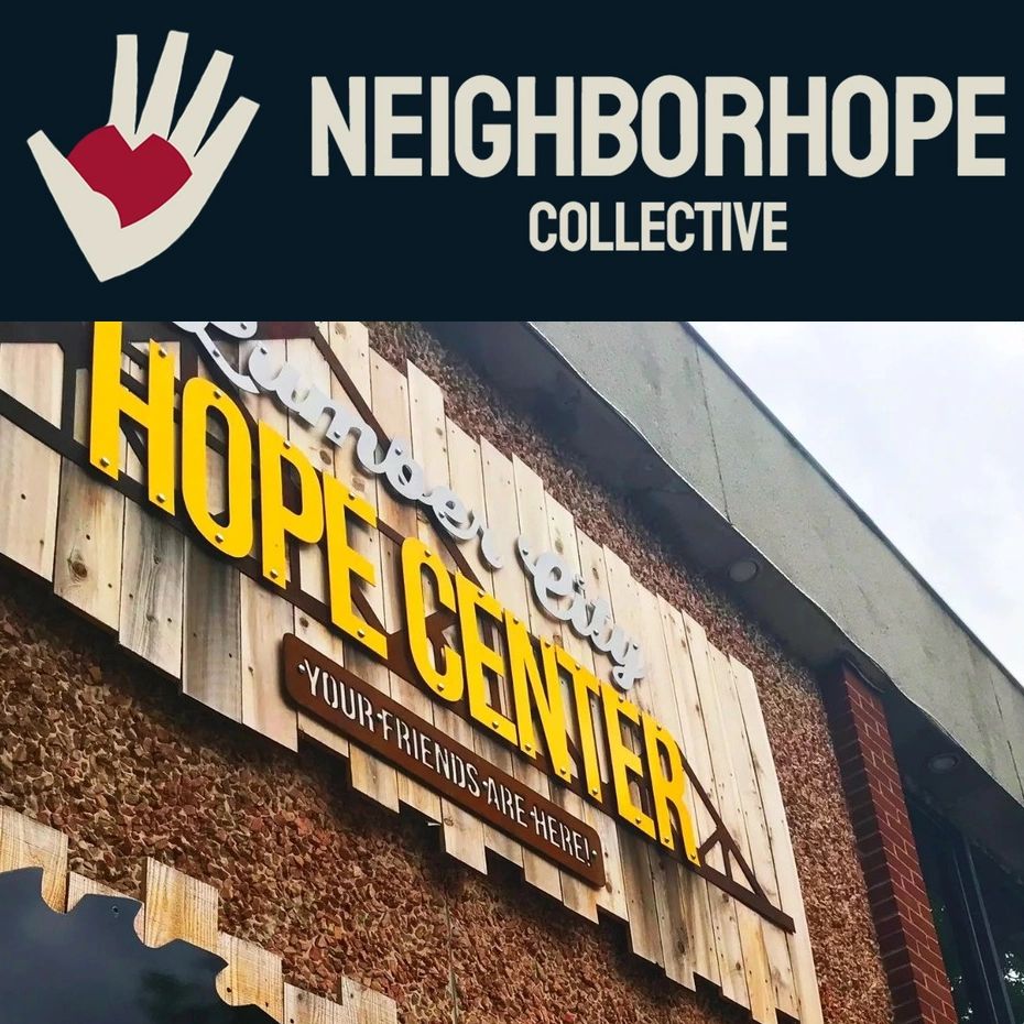 Sign of Neighborhope Collective and Hope Center building.