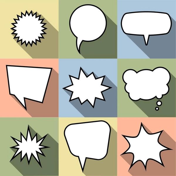 Nine blank comic speech bubbles in various shapes and colors.