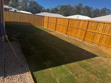 Backyard with new sod and wooden fencing under a clear sky.