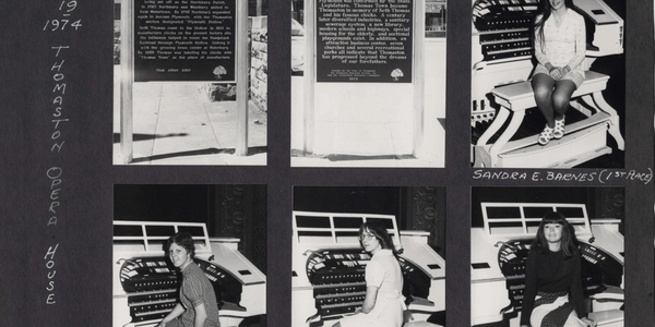 Black and white photos of women at the Thomaston Opera House in 1974.