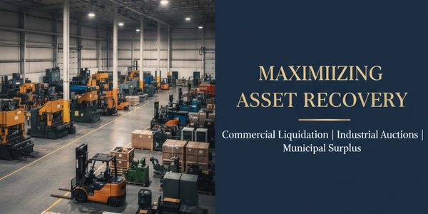 Industrial assets in warehouse; text on maximizing asset recovery with Industrial auctions.