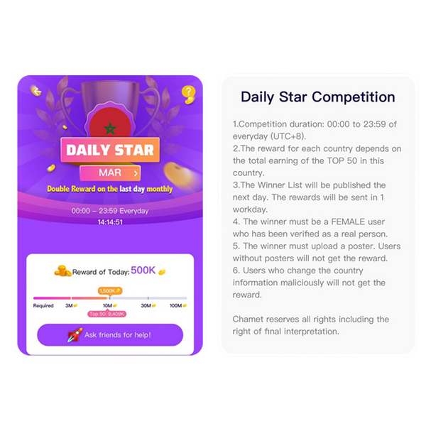 Chamet host registration screen showing quick sign-up and daily earning features.