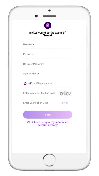 Chamet agency registration steps with sign-up, verification, and host activation