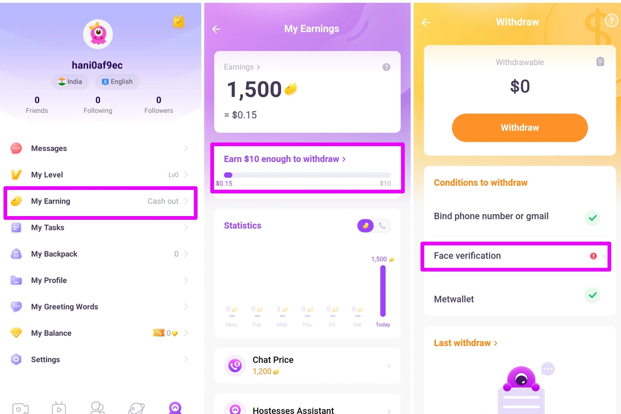 Chamet host registration screen showing quick sign-up and daily earning features.