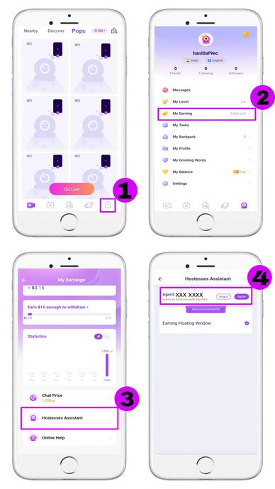 Chamet agency registration steps with sign-up, verification, and host activation