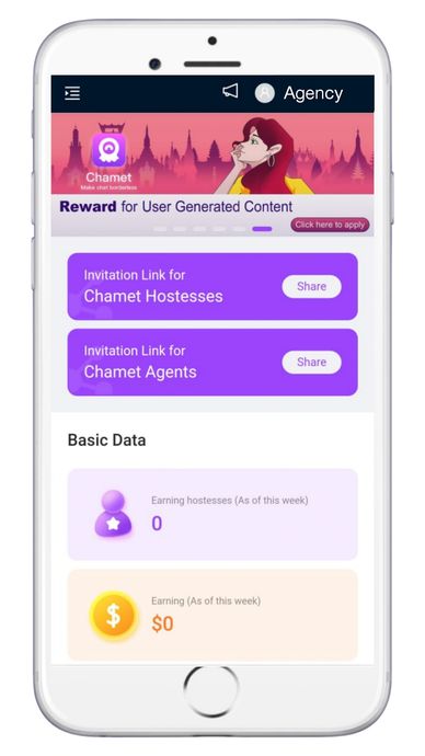 Chamet agency registration steps with sign-up, verification, and host activation