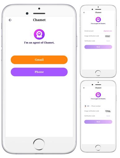 Chamet agency registration steps with sign-up, verification, and host activation