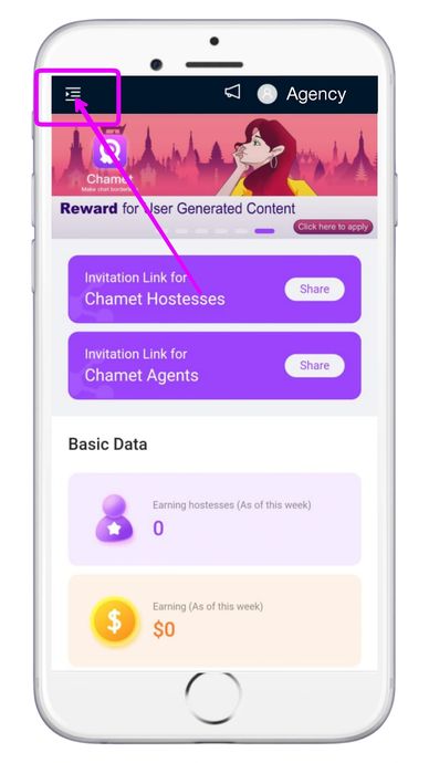Chamet agency registration steps with sign-up, verification, and host activation