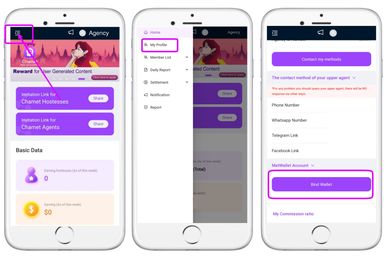 Chamet agency registration steps with sign-up, verification, and host activation