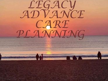 Sunset beach scene with text about legacy advance care planning.