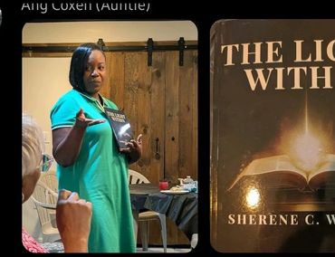 Woman presenting her book titled 'The Light Within' to a small group.