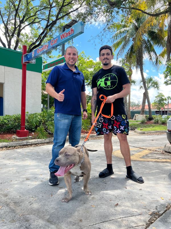 Two men standing outside a car wash with a large dog on a leash.