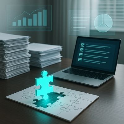 A glowing puzzle piece fitting into a board beside a laptop and stacks of paper.