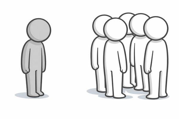 A lone figure isolated from a group of five standing figures.