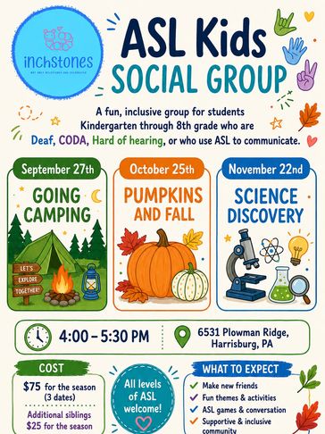 Flyer for ASL Kids Social Group events from September to November.