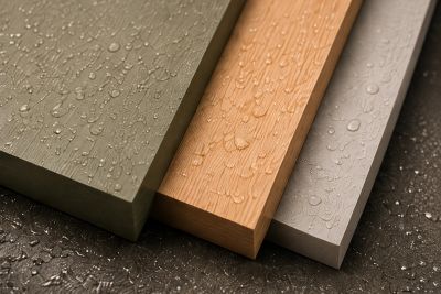 Outdoor kitchen materials showing painted timber and natural wood finishes with water droplets