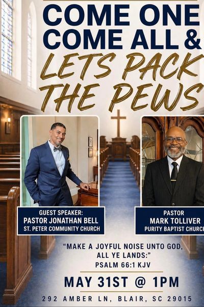 Church event flyer inviting all to pack the pews on May 31st with guest speaker and pastor.