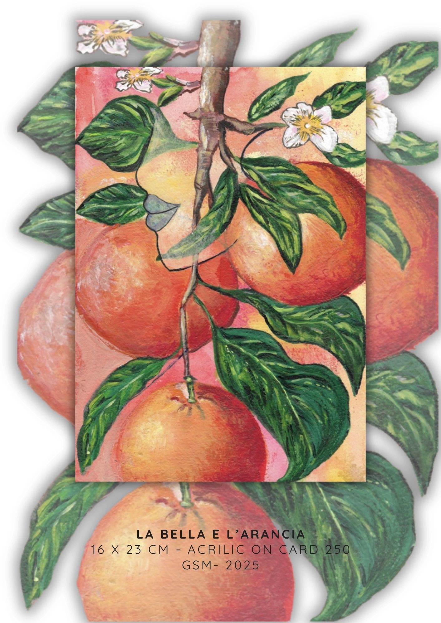 Acrylic painting of oranges and leaves on a branch with flowers.