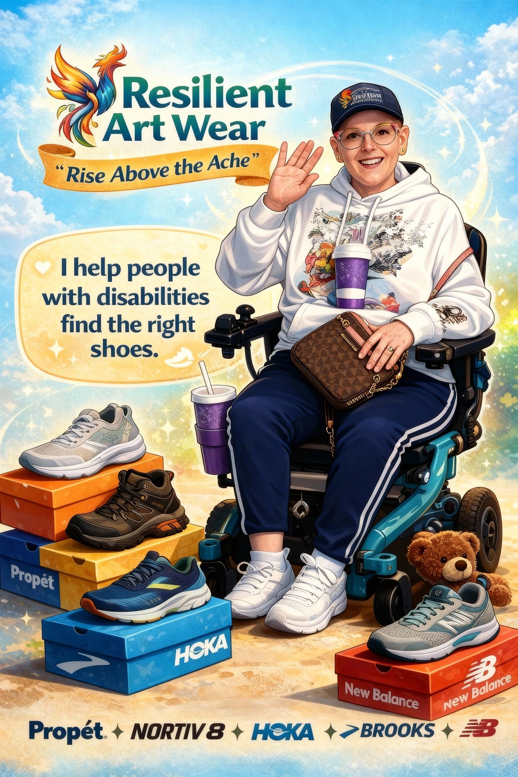 Person in a wheelchair promoting resilient art wear and adaptive shoes for people with disabilities.