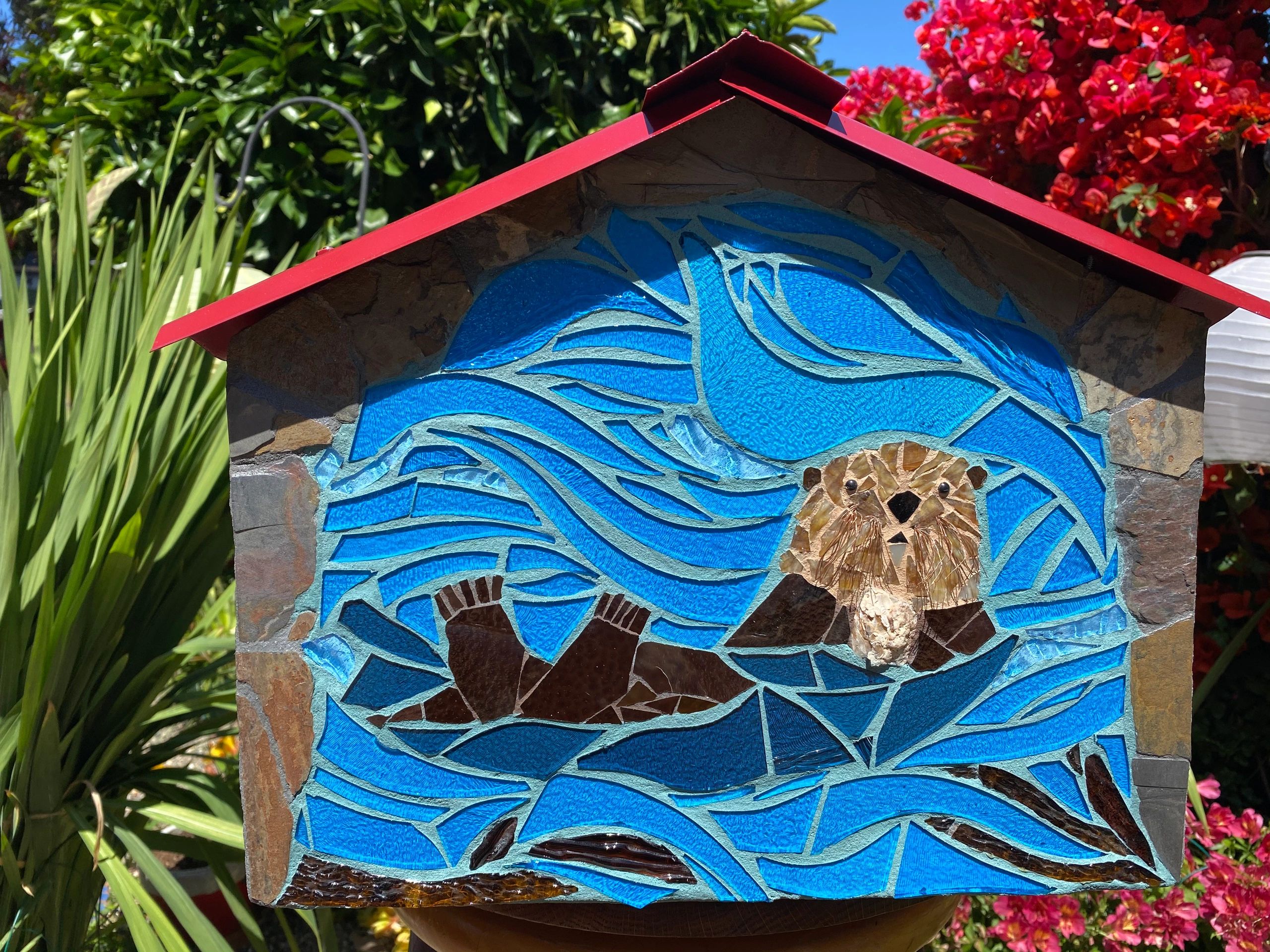 Mosaic Glass Birdhouse panel of Otter in Ocean with seaweed