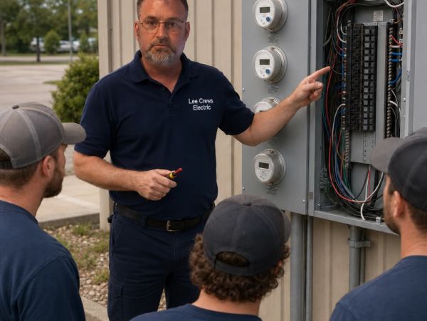 Electrician instructing a group on electrical panel safety and wiring.