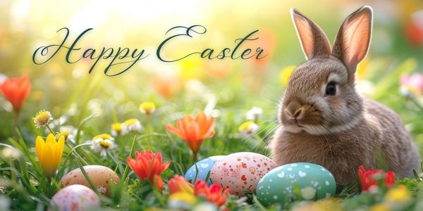 Easter bunny with colorful eggs and flowers.