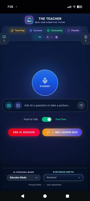 Screenshot of THE TEACHER AI app interface with various features.