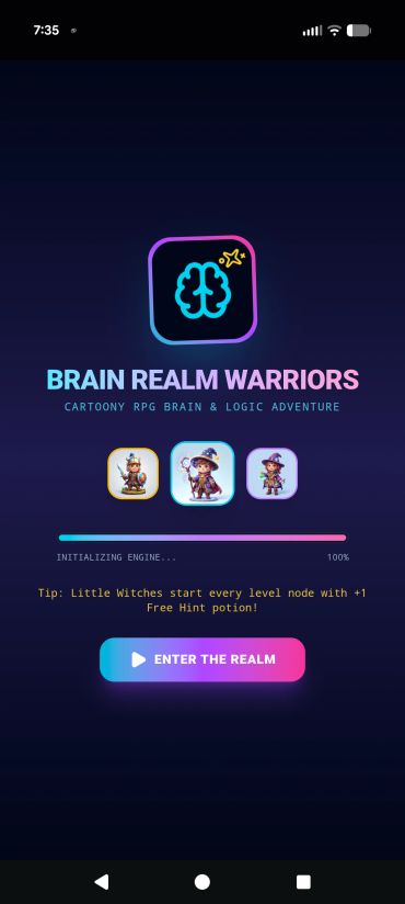 Brain Realm Warriors RPG game loading screen with cartoon characters.