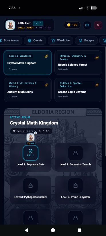 Game interface showing 'Crystal Math Kingdom' and four locked levels.
