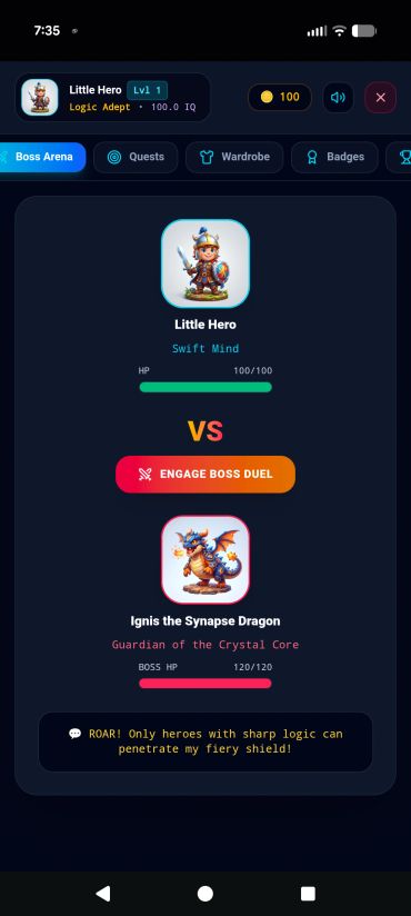 Game screen showing a duel between Little Hero and Ignis the Synapse Dragon.