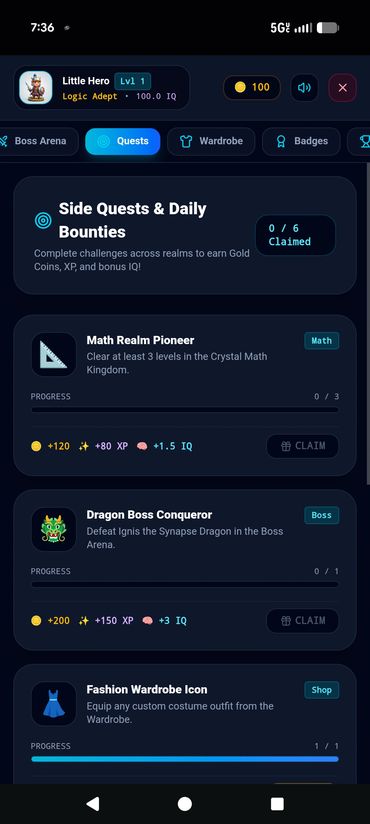 Screenshot of a game quests menu showing side quests and daily bounties.