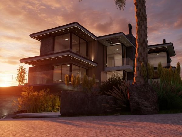 Casa moderna ao pôr do sol com iluminação suave.
