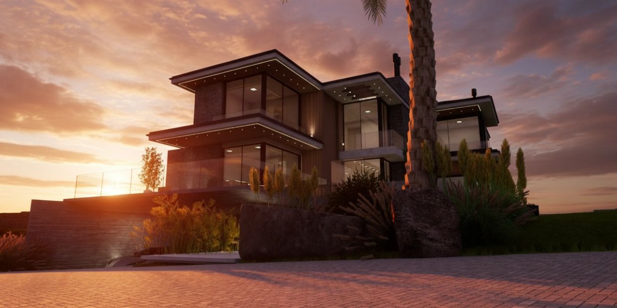 Casa moderna ao pôr do sol com iluminação suave.