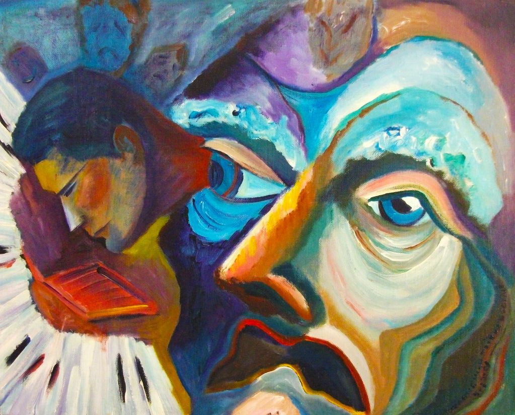 An abstract painting of a mans face with a head protruding from one eye, which is his younger self.