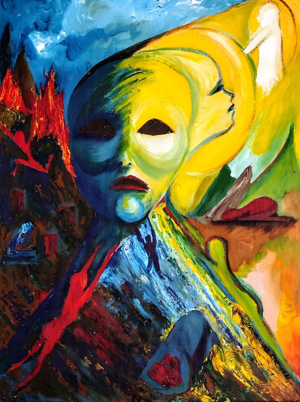 An abstract painting of a face looking up at an angel and a mountain with suffering people.