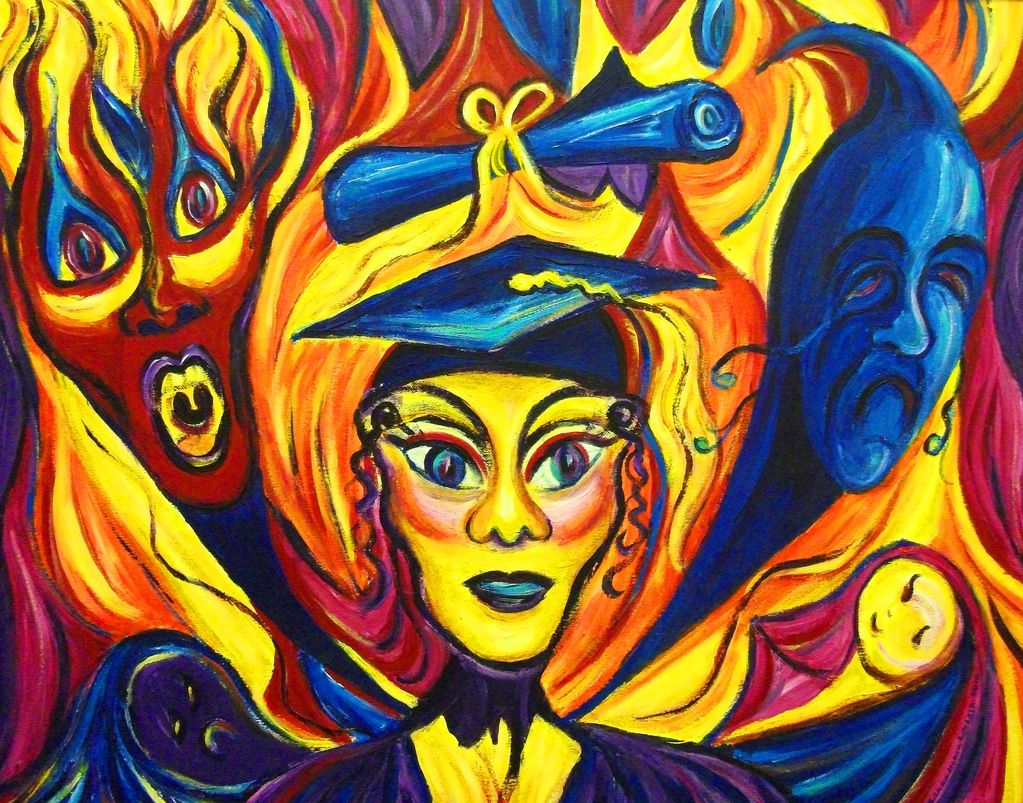 An abstract painting of a high school graduation with a woman in a gown and faces on either side.