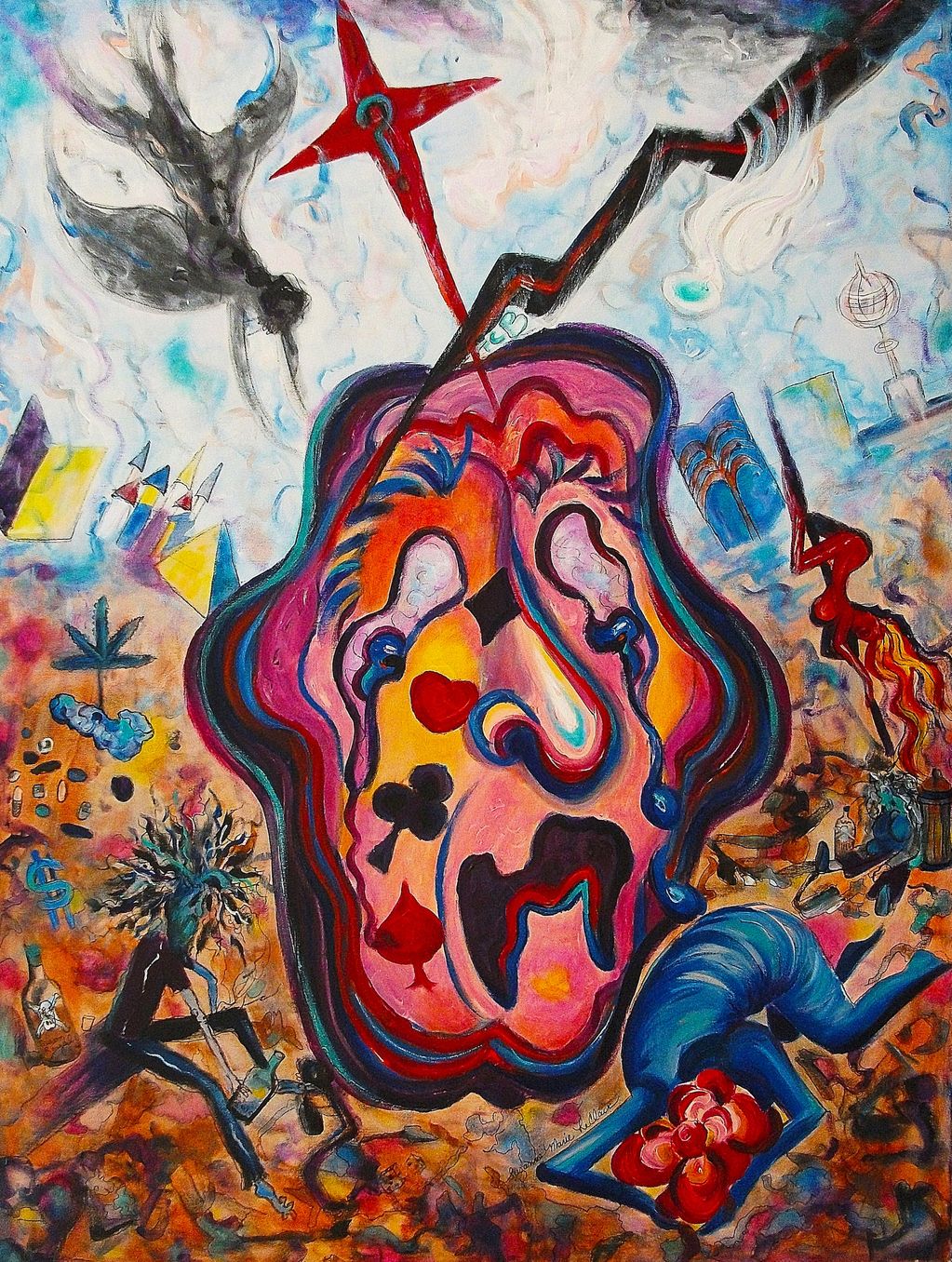 An abstract painting of the Las Vegas Strip, featuring a melting, crying face and Las Vegas people.