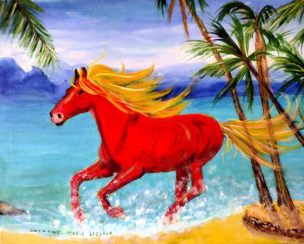 An abstract painting of a red horse with a blonde mane and tail, running on a beach with palm trees.