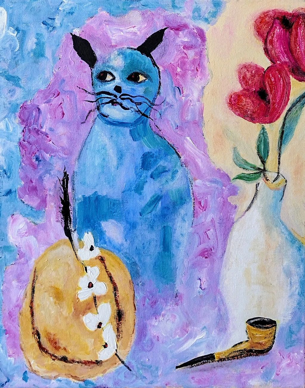 A abstract painting of a blue cat with black ears and long whiskers, next to a vase with with roses.