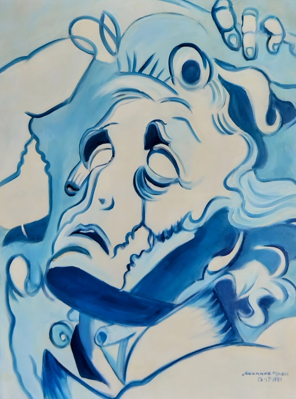 An abstract painting of a male model made using light blue to dark blue tones through out.