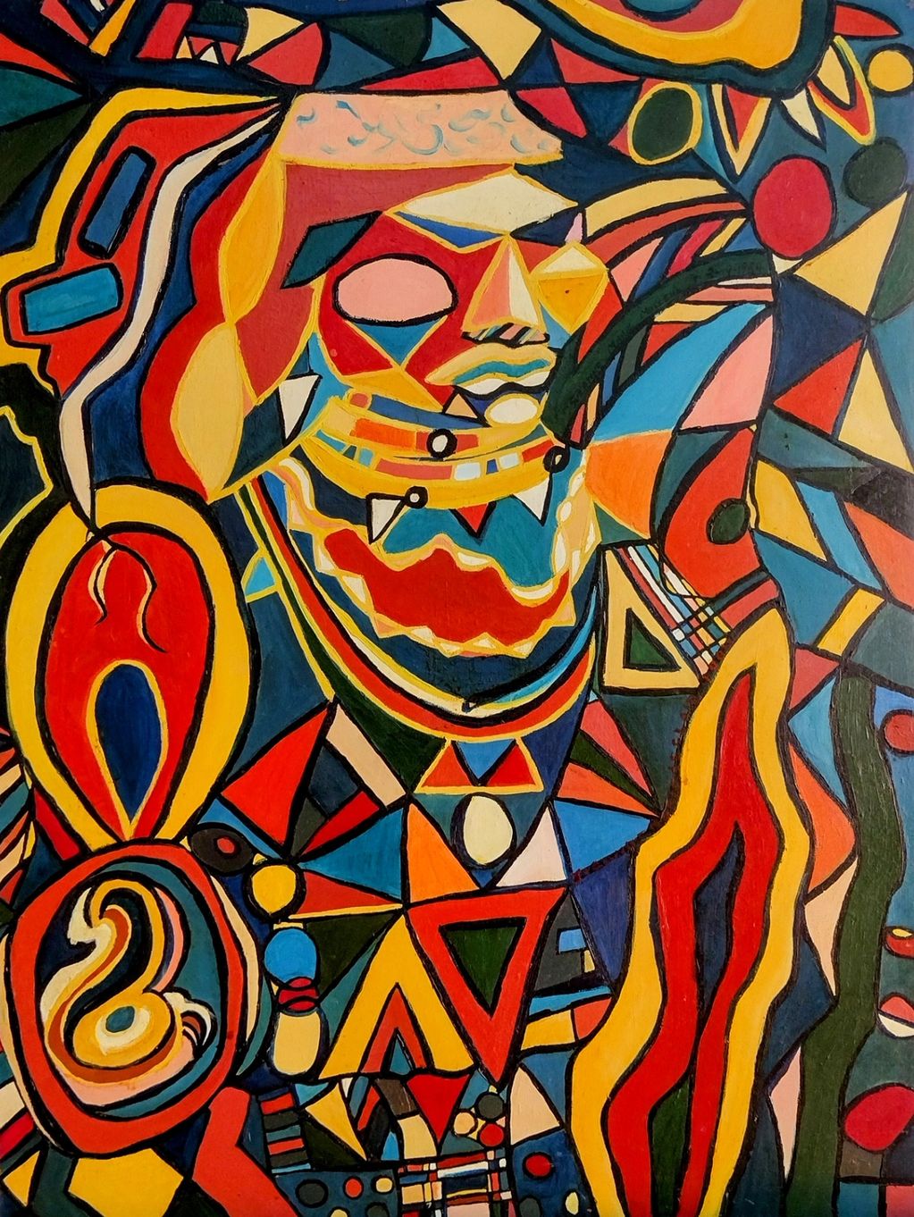 An colorful abstract painting of a man wearing a Native American inspired hair style and necklace.
