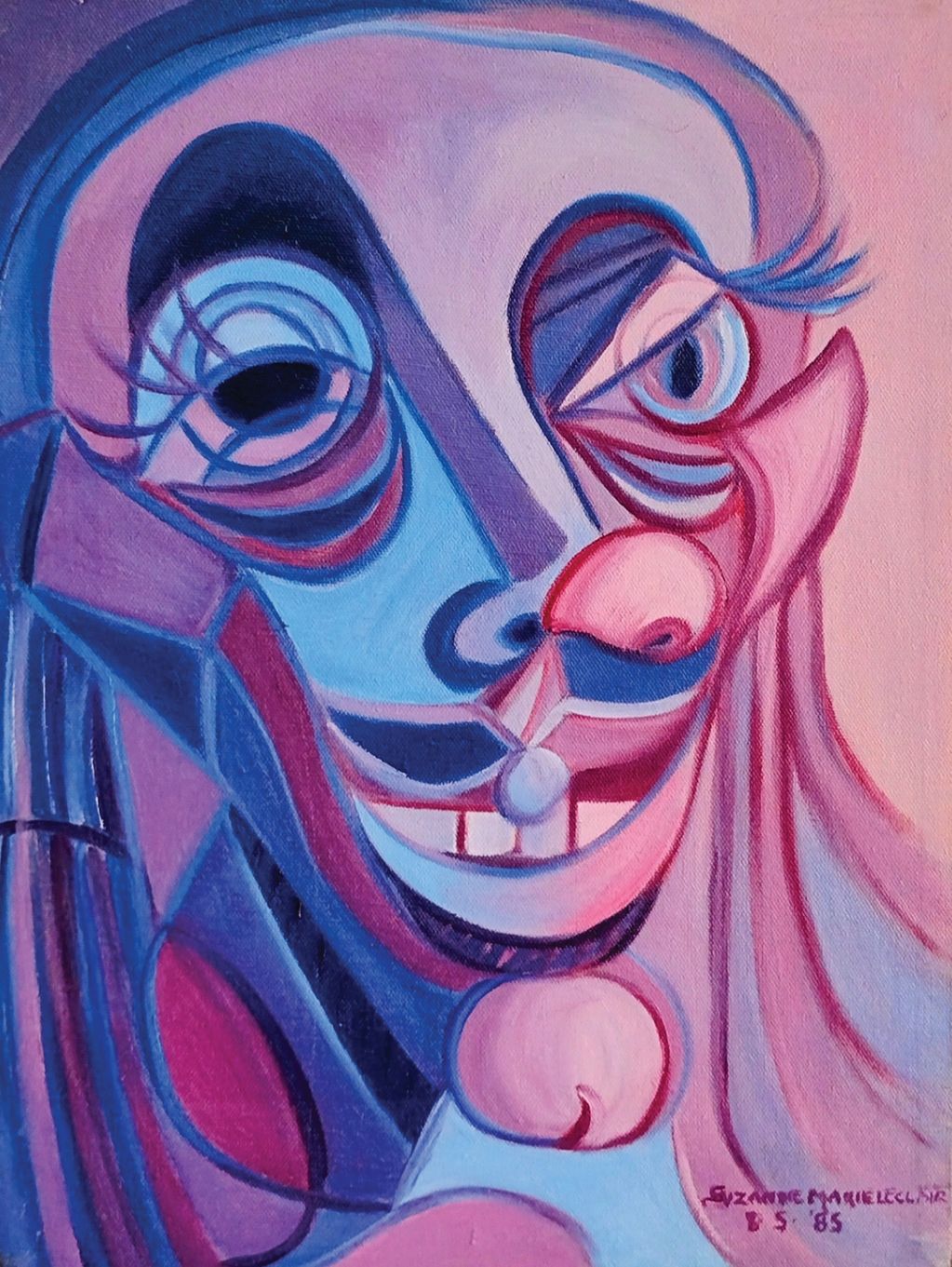 An abstract painting of a man's smiling face, with blue, purple, and red lines and tones.