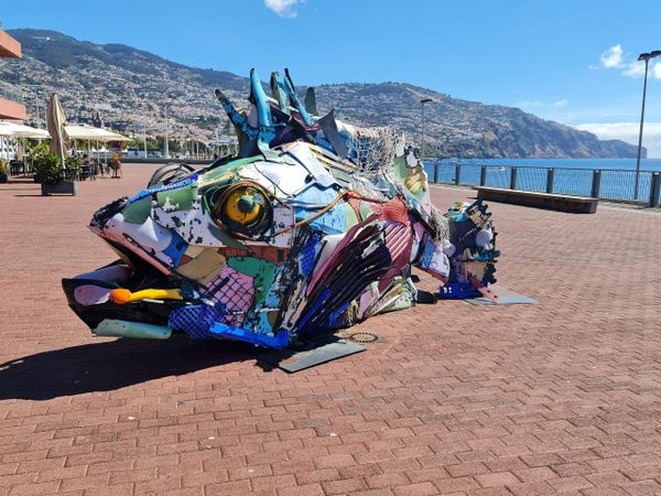 Colorful fish sculpture made from recycled materials on a waterfront promenade.