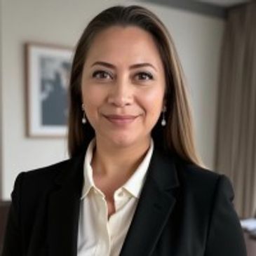 Professional woman smiling, dressed in business attire.