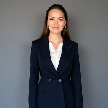 Professional woman in a navy blazer and white blouse against a gray background.