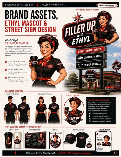 Ethyl mascot and street sign design for Filler Up with Ethyl coffee.