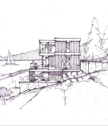 Sketch of a modern two-story house by the water with surrounding trees.