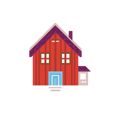 Illustration of a red house with a purple roof and blue door.