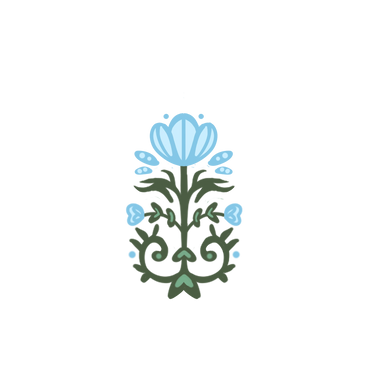 Symmetrical floral design with blue flowers and dark green leaves.